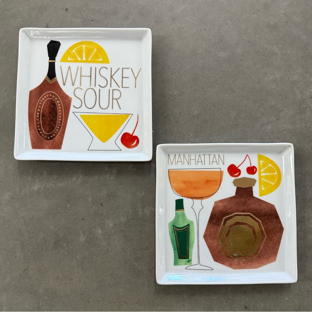 Clay Art Ceramic Whiskey Sour and Manhattan Plates -6” Square. Bar. Cocktails.